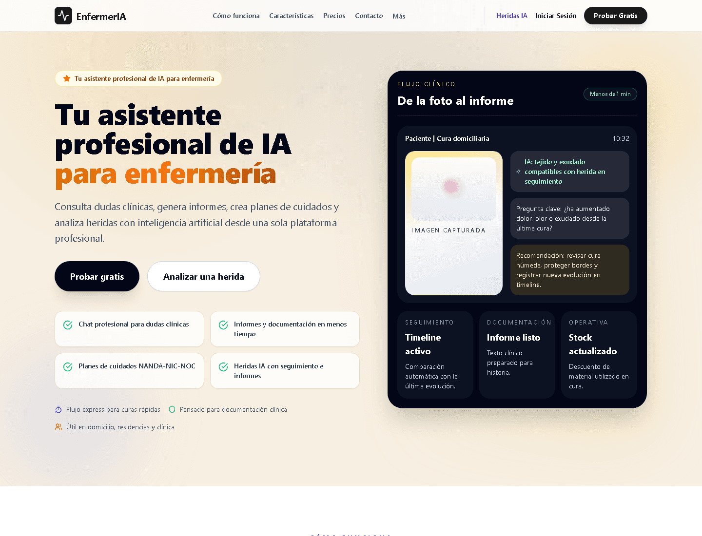 Página pública de EnfermerIA con una demostración del flujo de análisis y documentación de heridas