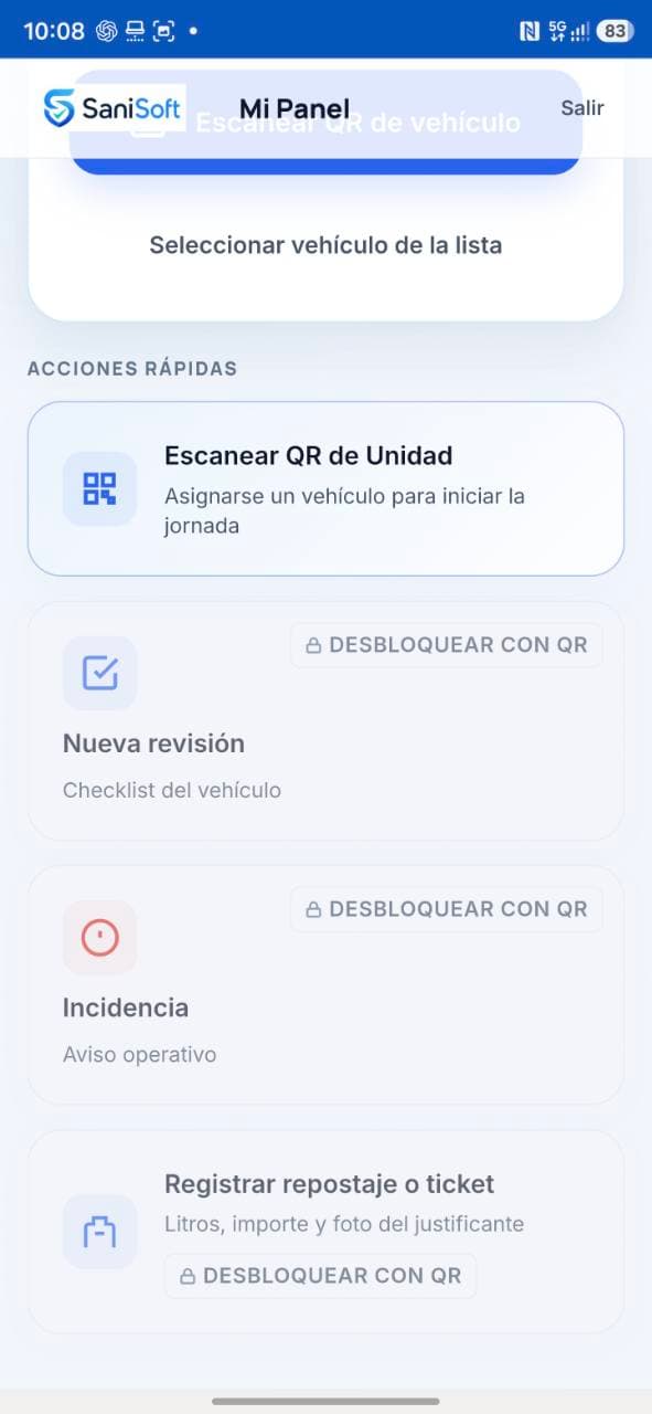 Panel móvil de SaniSoft con acceso al escáner QR y acciones operativas