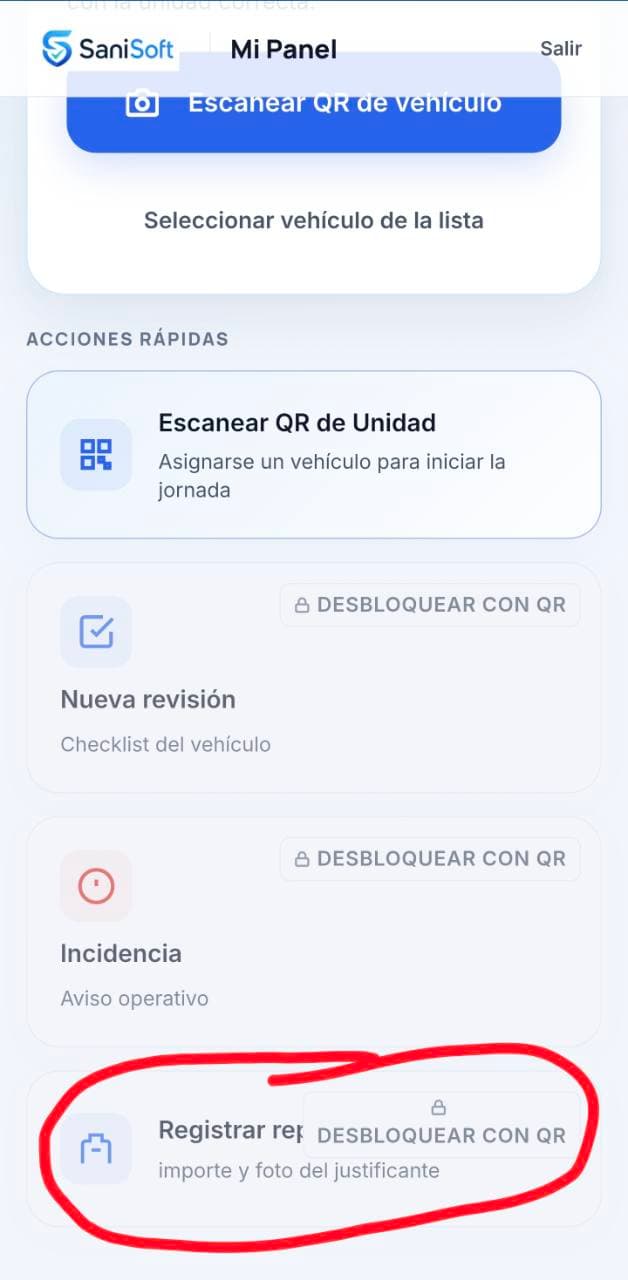 Acceso móvil de SaniSoft al registro de repostaje y fotografía del ticket